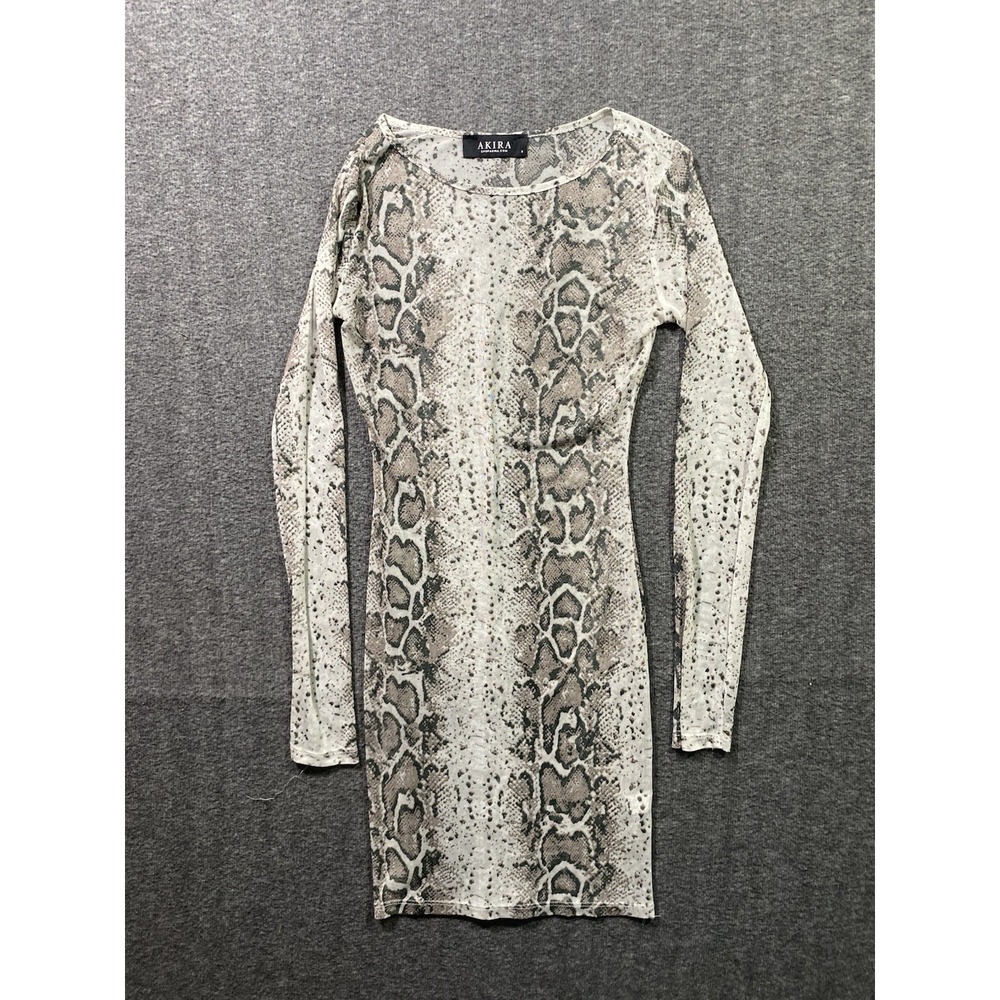Akira Womens Snake Print Sheer Mesh Bodycon Dress Gray Long Sleeve D2114 Size S